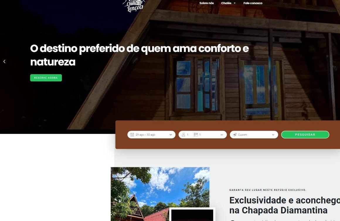 Chalés de Lençóis — topo do site com a busca de reserva por data, hóspedes e cupom