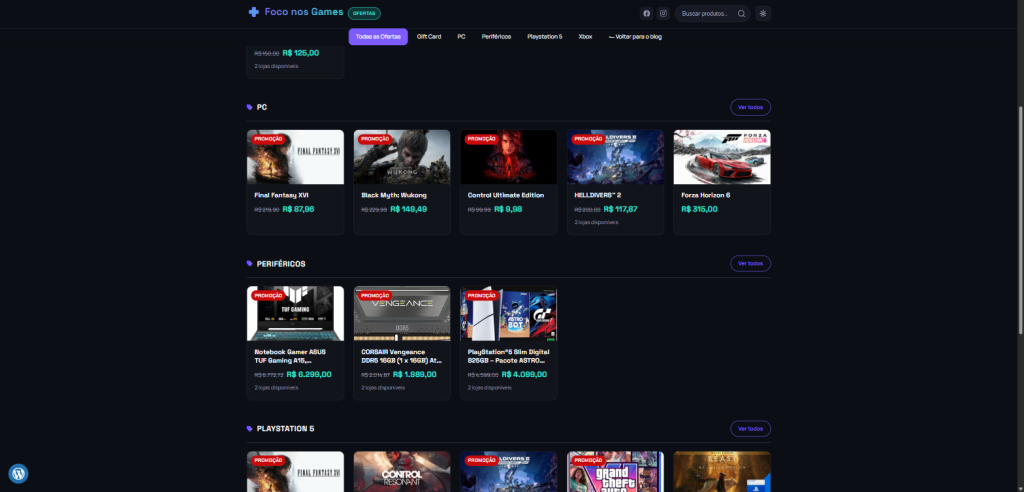 Foco nos Games — área de ofertas, com as categorias PC, periféricos e PlayStation 5