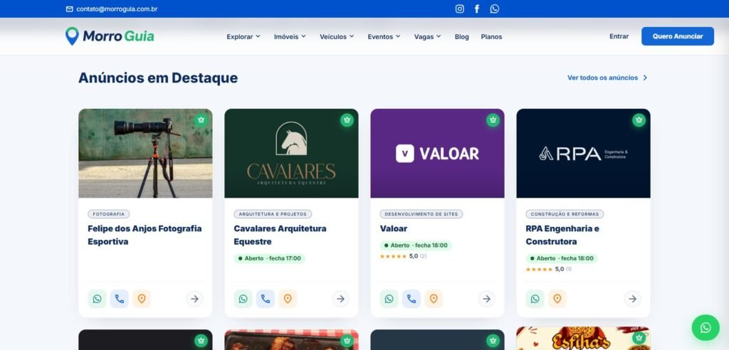 Anúncios em destaque, com WhatsApp, ligar e como chegar
