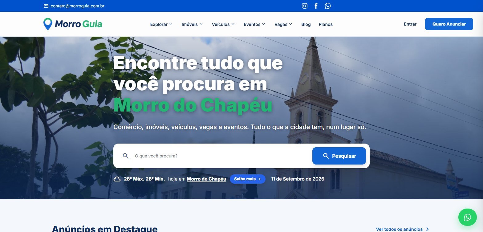Home do Morro Guia, com a busca da cidade e a previsão do tempo