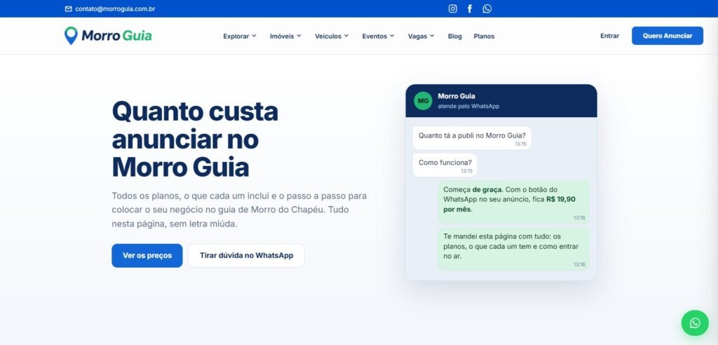 Página que explica os planos de anúncio